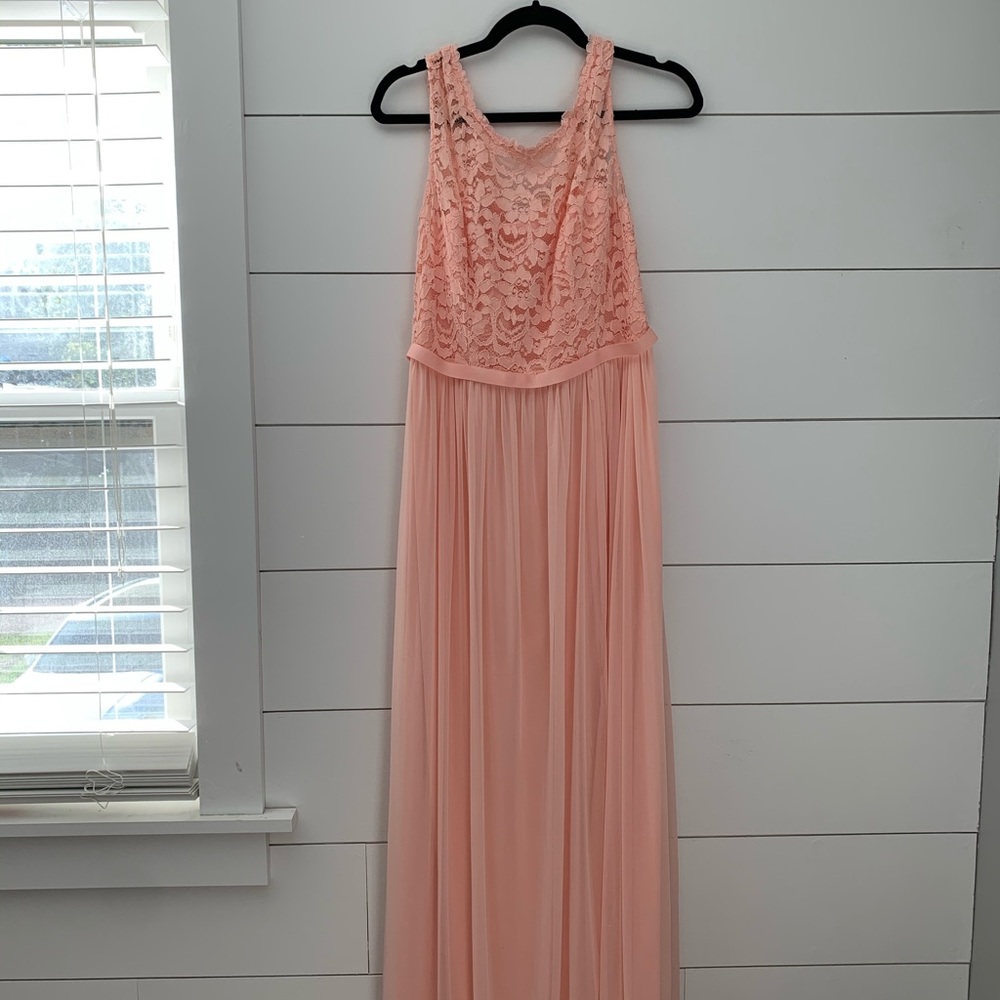 Peach lace David’s Bridal bridesmaid dress